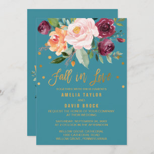 Invitación Autumn Floral   Caer Enamorada Boda Verde azulado