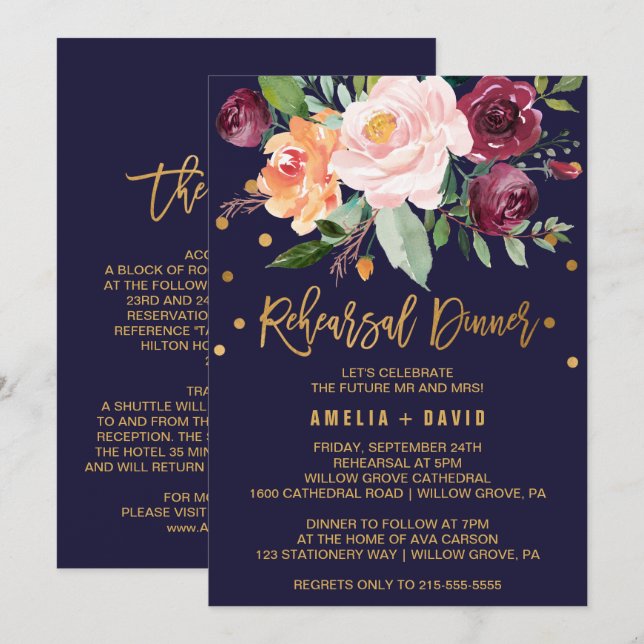 Invitación Autumn Floral | Detalles de la cena de ensayo (Anverso / Reverso)