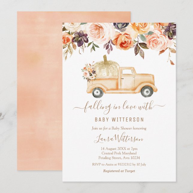 Invitación Autumn Floral Peach Truck Pumpkin Baby Shower (Anverso / Reverso)
