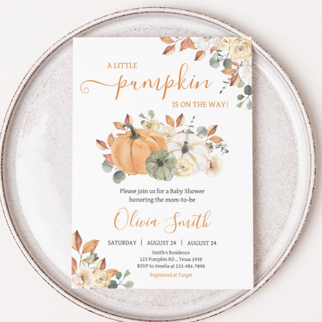 Invitación Autumn Floral Pumpkin Baby Shower (Autumn Pumpkin Baby Shower Invitation)