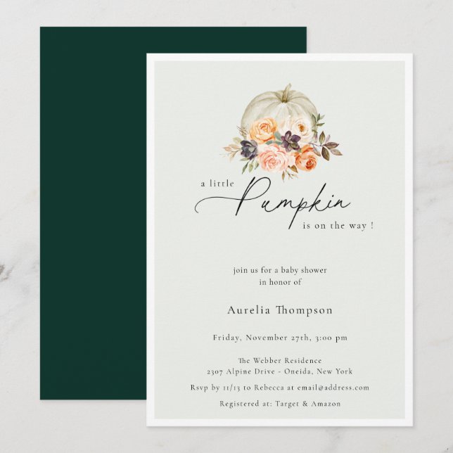 Invitación Autumn Floral Pumpkin Baby Shower (Anverso / Reverso)