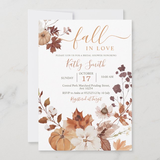 Invitación Autumn floral Pumpkin Fall In Love (Anverso)