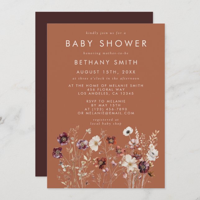 Invitación Autumn Floral Terracotta Baby Shower (Anverso / Reverso)