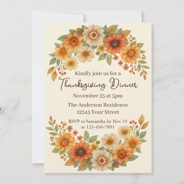 Invitación Autumn Floral Wreath - Elegante cena de Acción de  (Anverso)