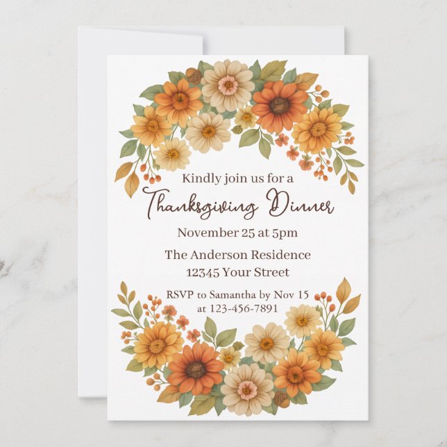 Invitación Autumn Floral Wreath - Elegante cena de Acción de  (Anverso)