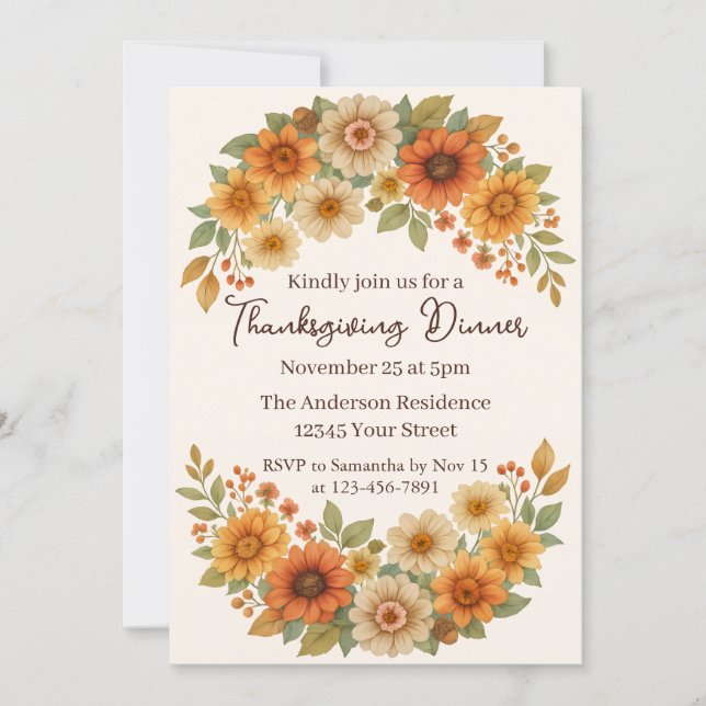 Invitación Autumn Floral Wreath - Elegante cena de Acción de  (Anverso)