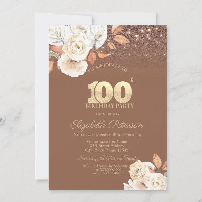 Invitación Autumn Flower Glitter Terracotta 100th (Anverso)