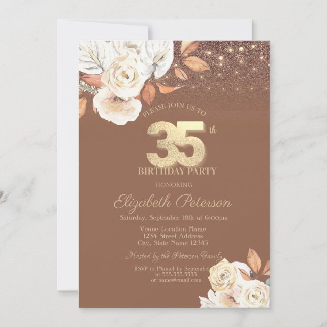 Invitación Autumn Flower Glitter Terracotta 35th Birthday (Anverso)