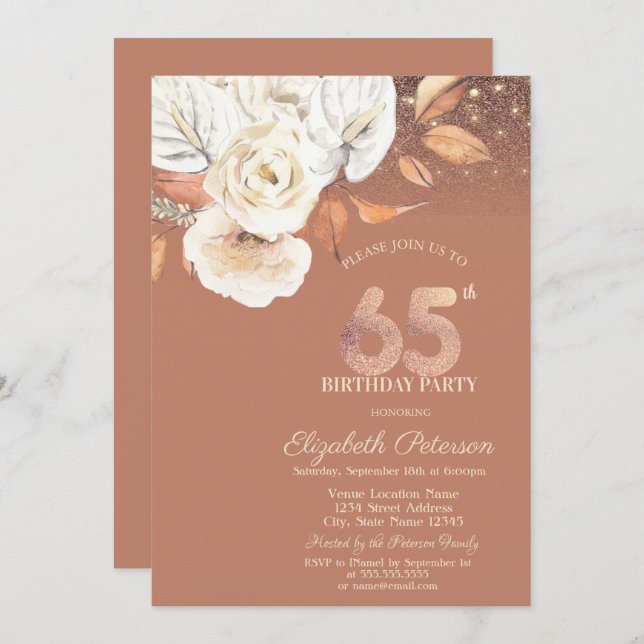 Invitación Autumn Flowers Lights Glitter 65th Birthday (Anverso / Reverso)