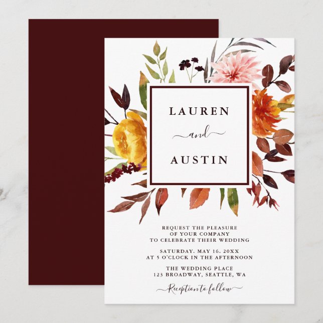 Invitación Autumn Garden Marsala Watercolor Boda (Anverso / Reverso)