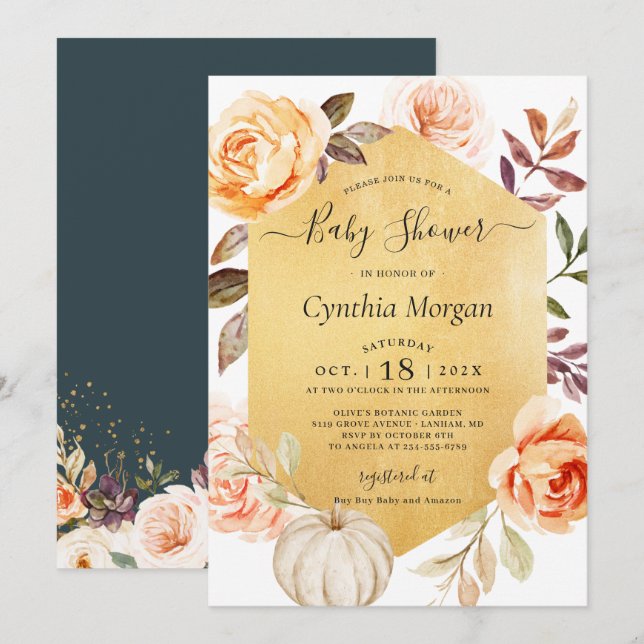Invitación Autumn Gold Floral Little Pumpkin Baby Shower (Anverso / Reverso)
