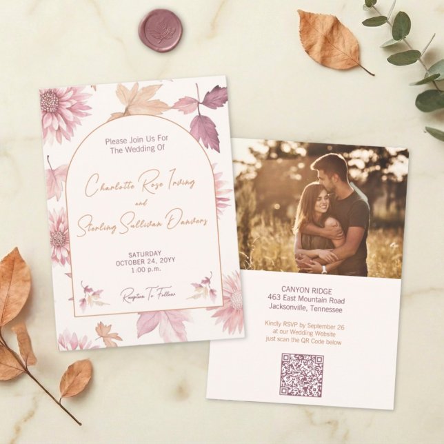 Invitación Autumn Leaves Blush Terracotta Photo Wedding (Subido por el creador)