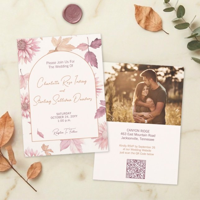 Invitación Autumn Leaves Blush Terracotta Photo Wedding (Subido por el creador)