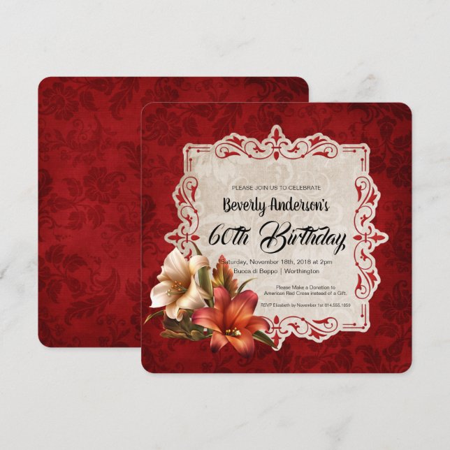 Invitación Autumn Lilies Dark Red Damask Birthday Party (Anverso / Reverso)