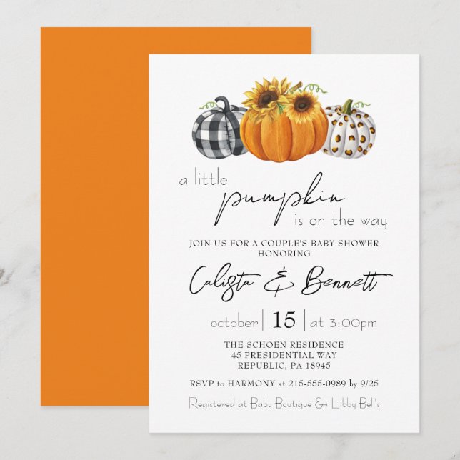 Invitación Autumn Little Pumpkin Sunflower Couple Baby Shower (Anverso / Reverso)