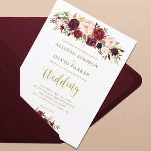 Invitación Autumn Marsala Floral Gold Elegant Wedding Card