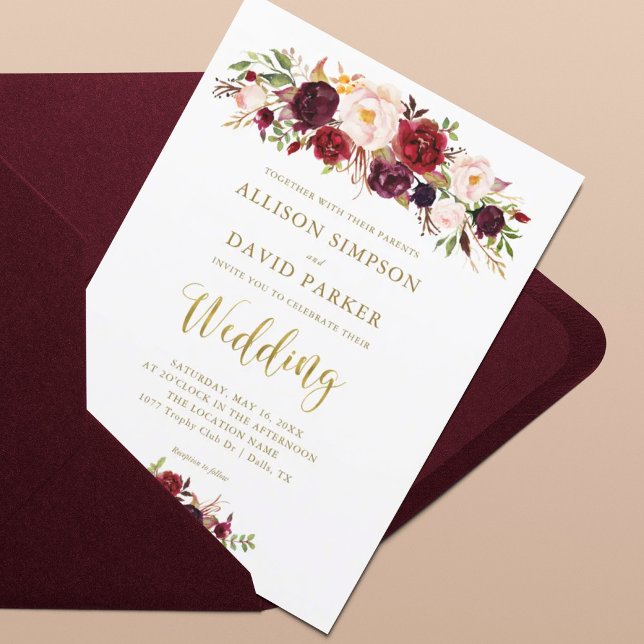Invitación Autumn Marsala Floral Gold Elegant Wedding Card (Subido por el creador)