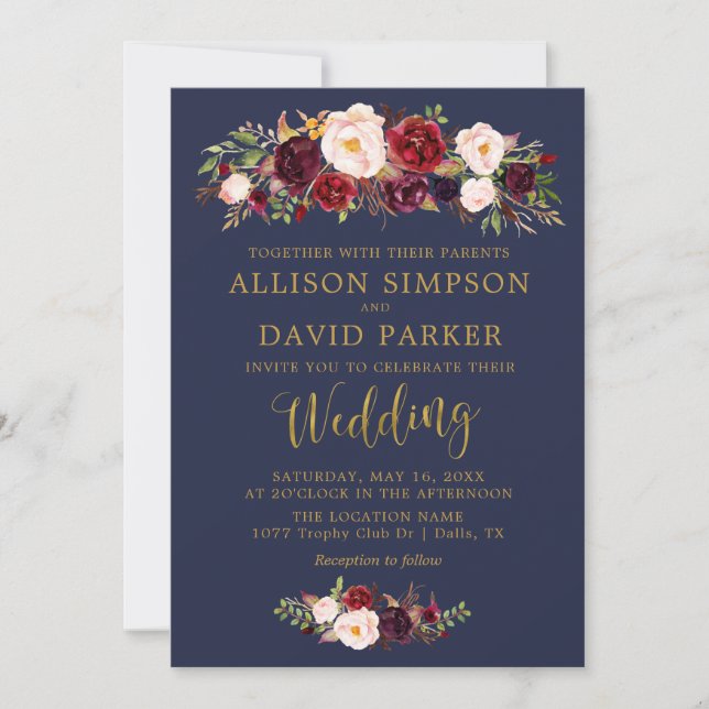 Invitación Autumn Marsala Floral Navy Elegant Wedding Card (Anverso)