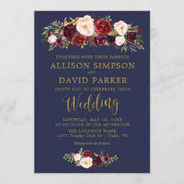 Invitación Autumn Marsala Floral Navy Elegant Wedding Card