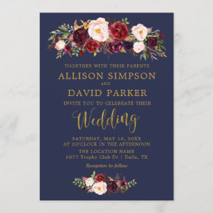 Invitación Autumn Marsala Floral Navy Elegant Wedding Card