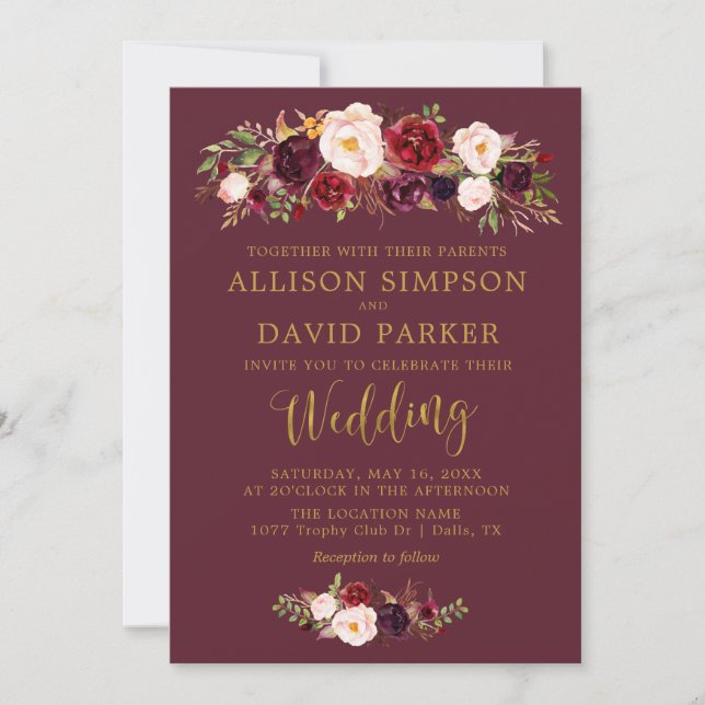 Invitación Autumn Marsala Floral Navy Elegant Wedding Card (Anverso)