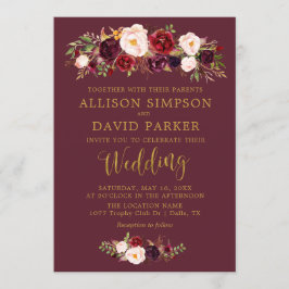 Invitación Autumn Marsala Floral Navy Elegant Wedding Card