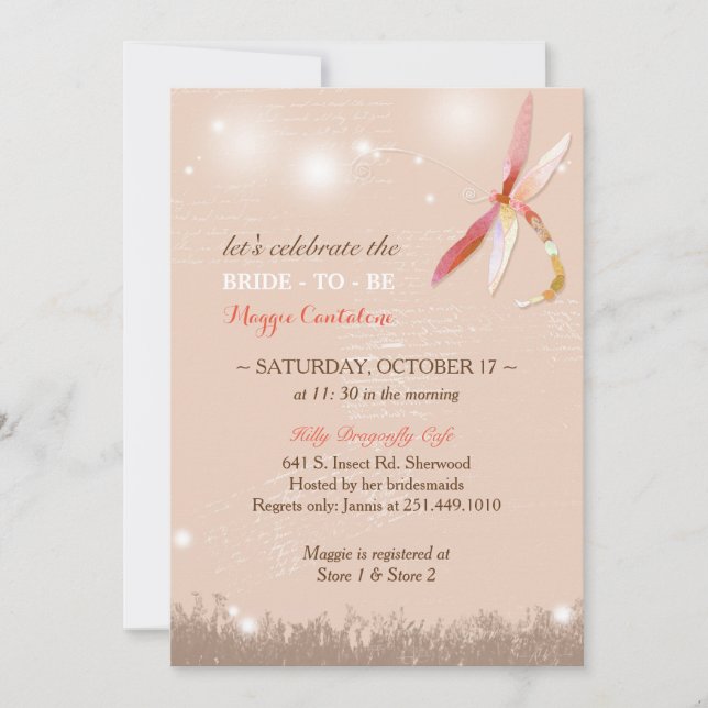 Invitación Autumn Meadow Dragonfly Beige Bridal Shower (Anverso)