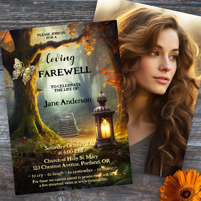 Invitación Autumn Path Lantern Foto Celebración de la vida (Celebration of life, memorial or funeral service invitation showing a magical path in a forest)