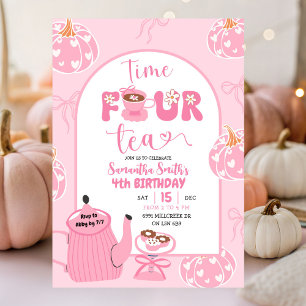 Invitación Autumn Pink Whimsical Retro Tea Chica 4º Cumpleaño