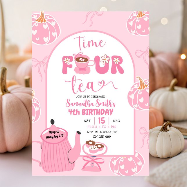 Invitación Autumn Pink Whimsical Retro Tea Chica 4º Cumpleaño (Subido por el creador)