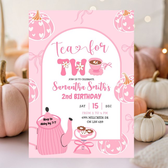 Invitación Autumn Pink Whimsical Retro Tea Chica Segundo Cump (Subido por el creador)