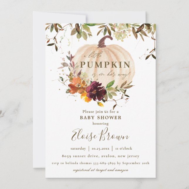 Invitación Autumn Pumpkin Burgundy Naranja Floral Baby Shower (Anverso)
