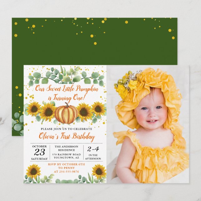 Invitación Autumn Pumpkin Greenery Sunflowers Fotos de cumple (Anverso / Reverso)