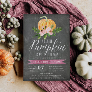 Invitación Autumn Pumpkin Pink Floral Baby Shower