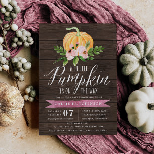 Invitación Autumn Pumpkin Wood & Pink Floral Baby Shower