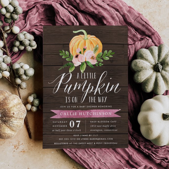 Invitación Autumn Pumpkin Wood & Pink Floral Baby Shower (Subido por el creador)