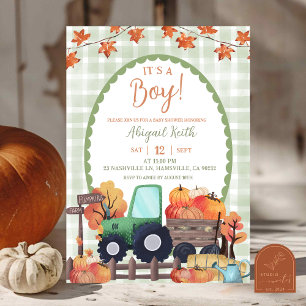Invitación Autumn Sage Green Pumpkin Tractor Boy Baby Shower