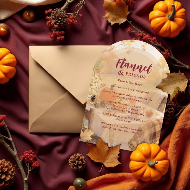 Invitación Autumn Scene Flannel & Friends Brown Friendsgiving (Cozy Autumn Scene Flannel & Friends Brown Tones Friendsgiving Party Invitation Cards.)