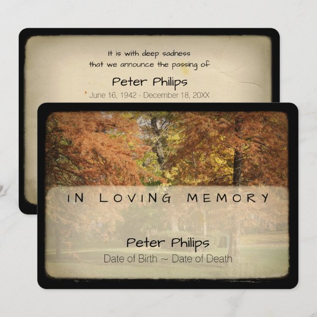 Invitación Autumn Trees Vintage Funeral Memorial Service (Anverso / Reverso)