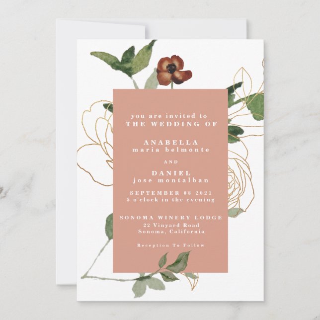 Invitación Autumn Trendy Florals Burgundy Rubor Gold Boda (Anverso)