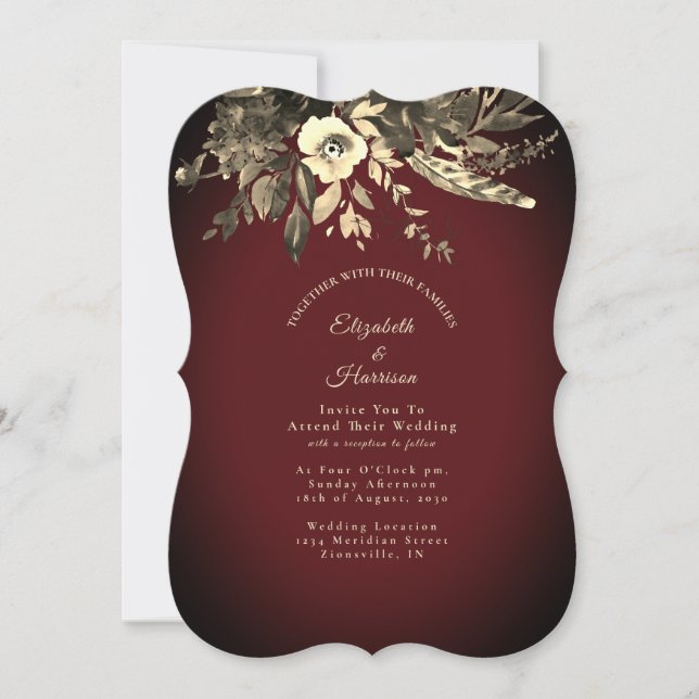 Invitación Autumn Watercolor Burgundy Floral Boda (Anverso)