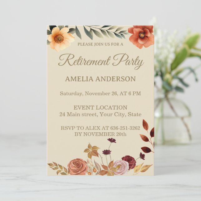 Invitación Autumn watercolor leaves floral retirement party (Anverso de pie)