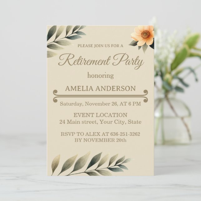 Invitación Autumn watercolor leaves floral retirement party (Anverso de pie)
