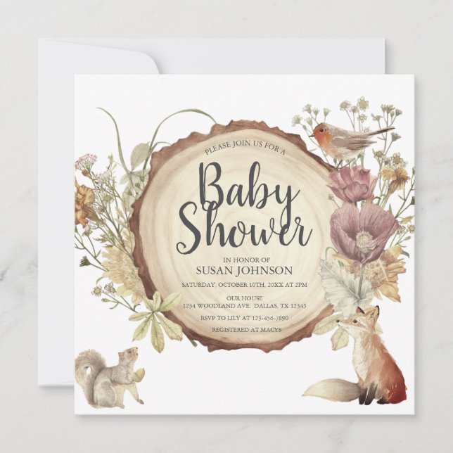 Invitación Autumn Woodland Rustic Wood Slice Baby Shower (Anverso)