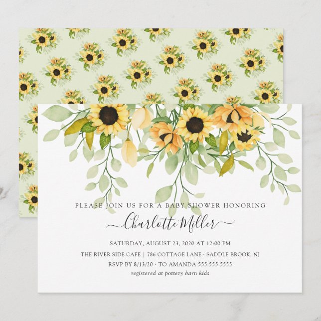 Invitación Autumn Yellow Sunflower Floral Baby Shower (Anverso / Reverso)