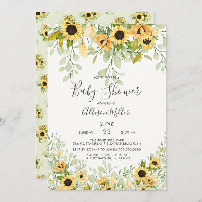 Invitación Autumn Yellow Sunflower Floral Baby Shower (Anverso / Reverso)