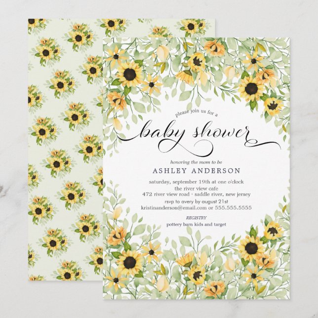 Invitación Autumn Yellow Sunflower Floral Baby Shower (Anverso / Reverso)