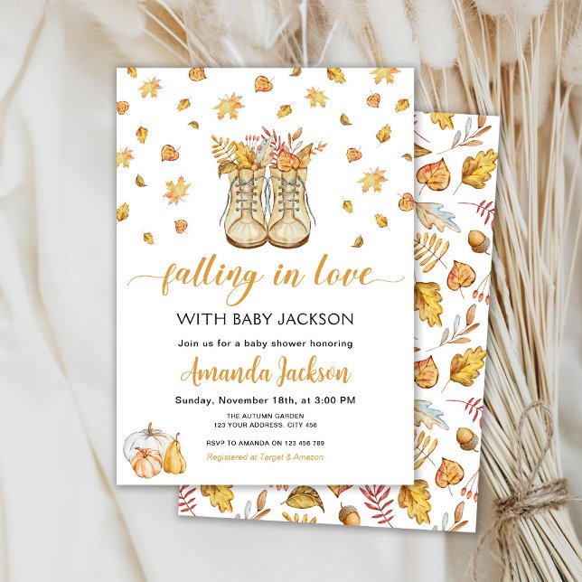 Invitación Autumt Boots cayendo en el amor Pumpkins Baby Show (Subido por el creador)
