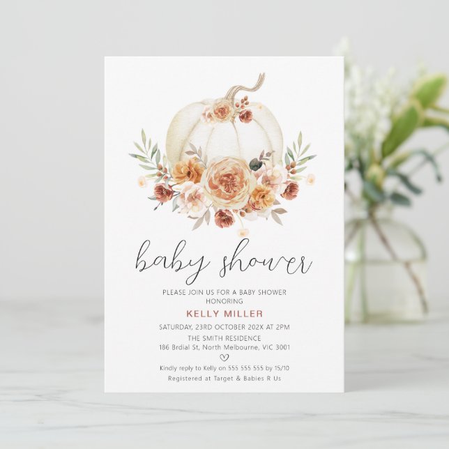 Invitación Autumt Fall Floral Pumpkin Baby Shower  (Anverso de pie)