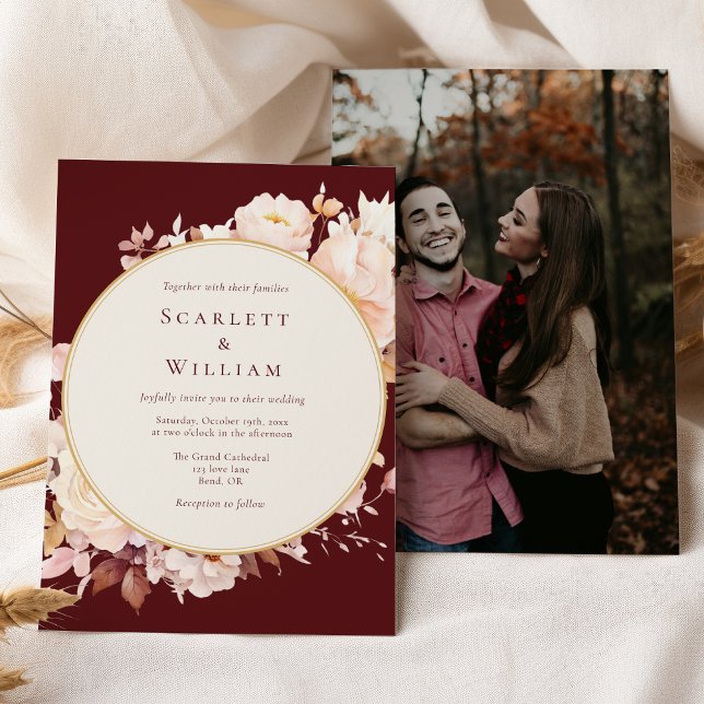 Invitación Autumt Floral Burgundy Cream Simple Photo Boda (Subido por el creador)